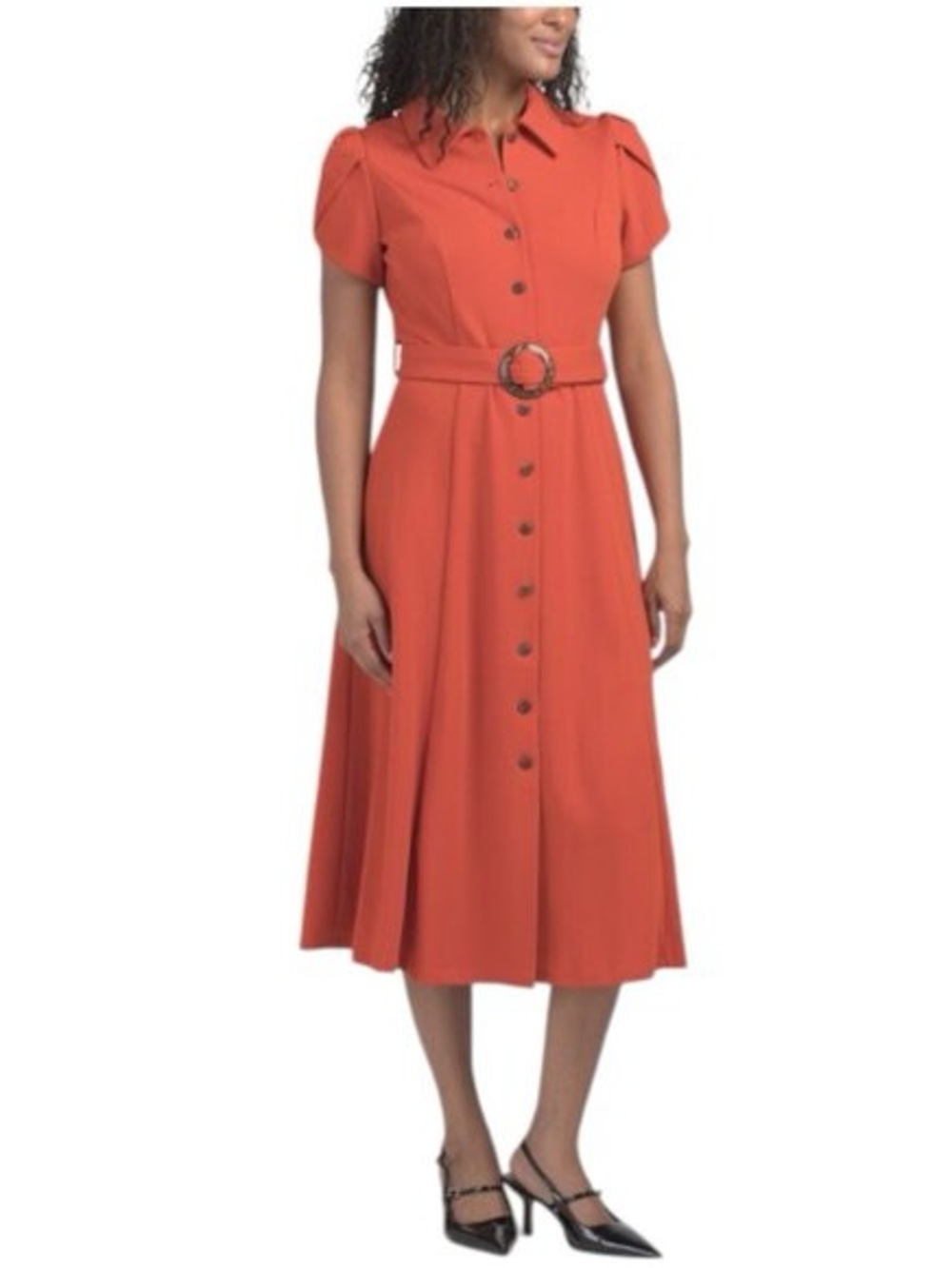 NWT Calvin Klein Belted Button Down MIDI Dress Orange Retro Casual Work
